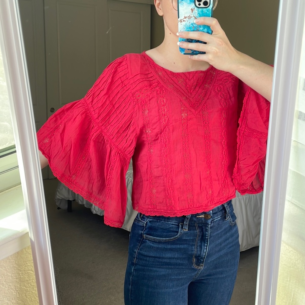 American Eagle Outfitters Red Boho Blouse Crop Bell Short Sleeves Lace Details